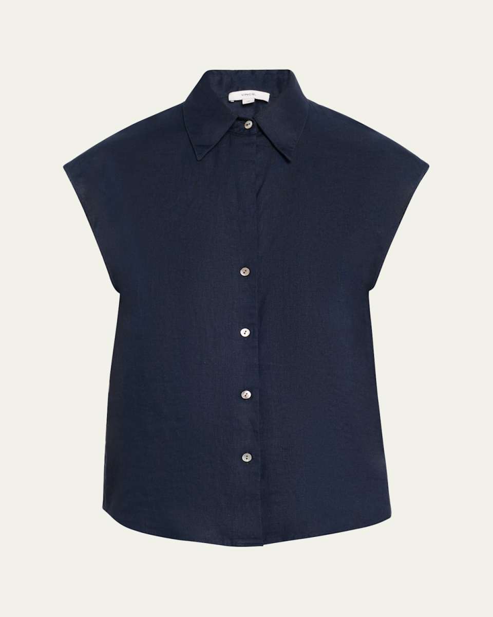 Cap-Sleeve Linen Button-Front Blous